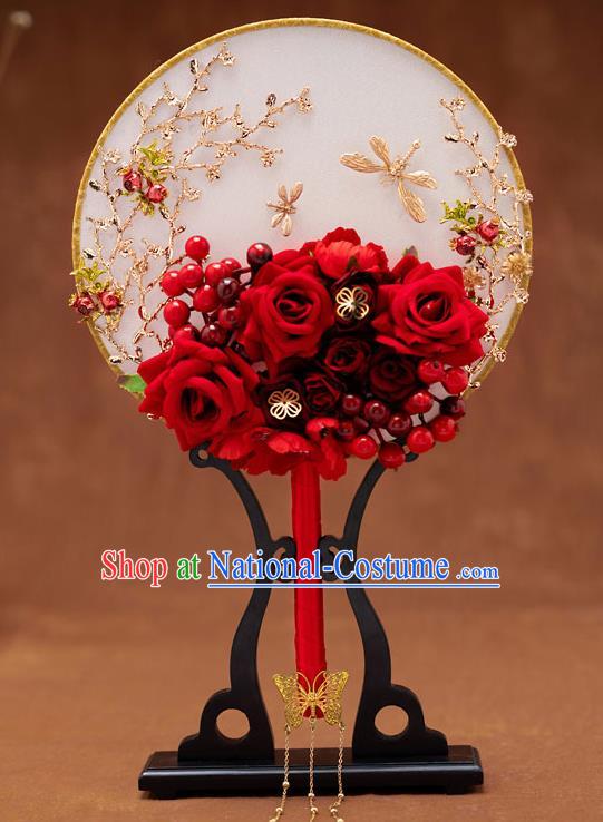 Chinese Ancient Bride Red Roses Round Fans Traditional Wedding Classical Palace Fans for Women