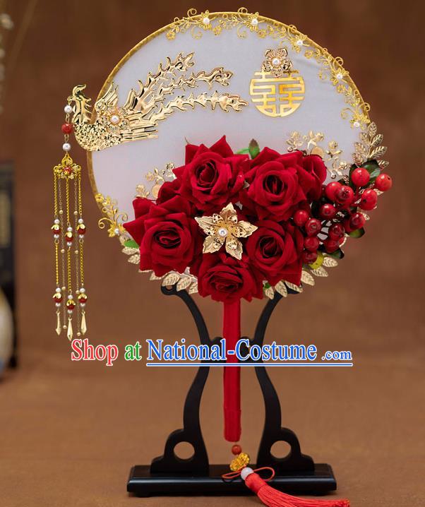 Chinese Ancient Bride Red Roses Round Fans Traditional Wedding Classical Phoenix Palace Fans for Women