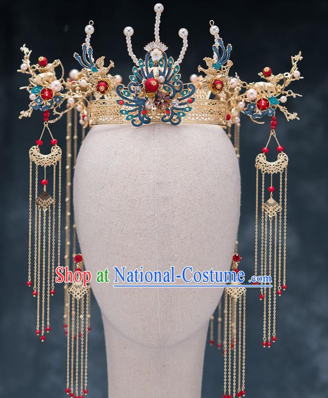 Chinese Ancient Bride Cloisonne Phoenix Coronet Traditional Wedding Hair Accessories Hanfu Hairpins for Women