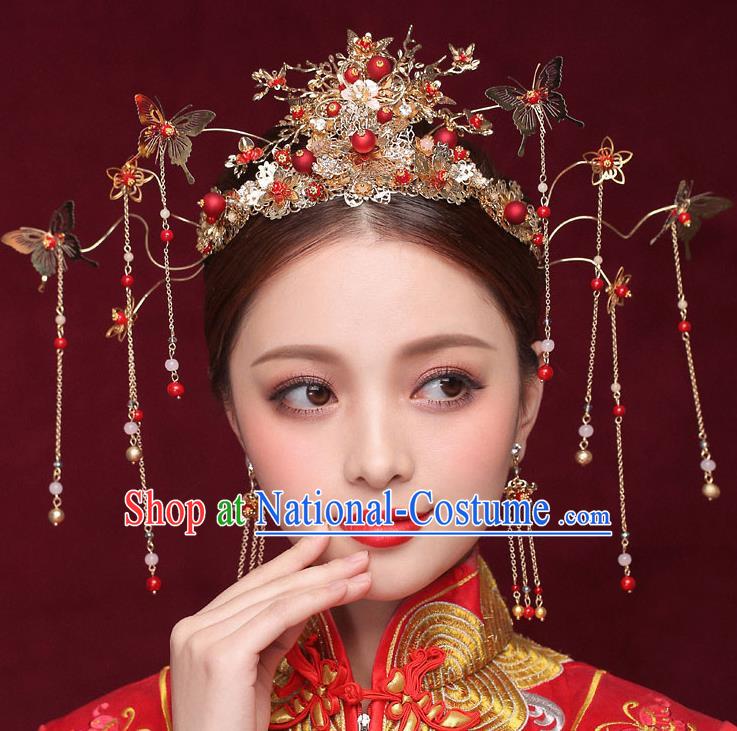 Chinese Ancient Bride Golden Phoenix Coronet Traditional Wedding Hair Accessories Hanfu Hairpins for Women