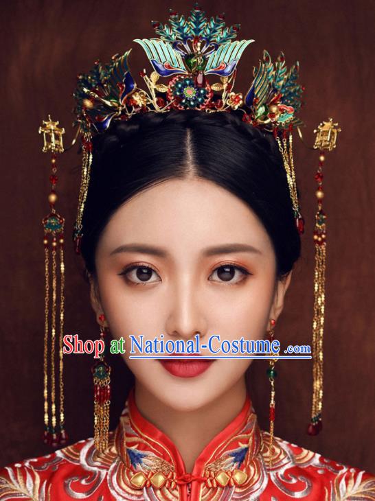 Chinese Ancient Queen Cloisonne Phoenix Coronet Traditional Wedding Hair Accessories Hairpins for Women