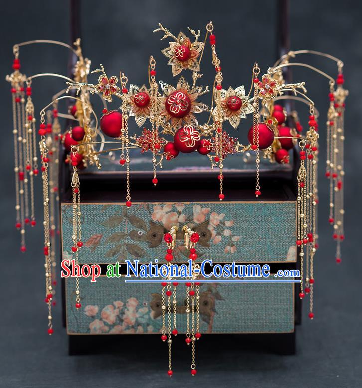 Chinese Ancient Bride Wedding Hairpins Traditional Red Beads Phoenix Coronet Hair Accessories for Women