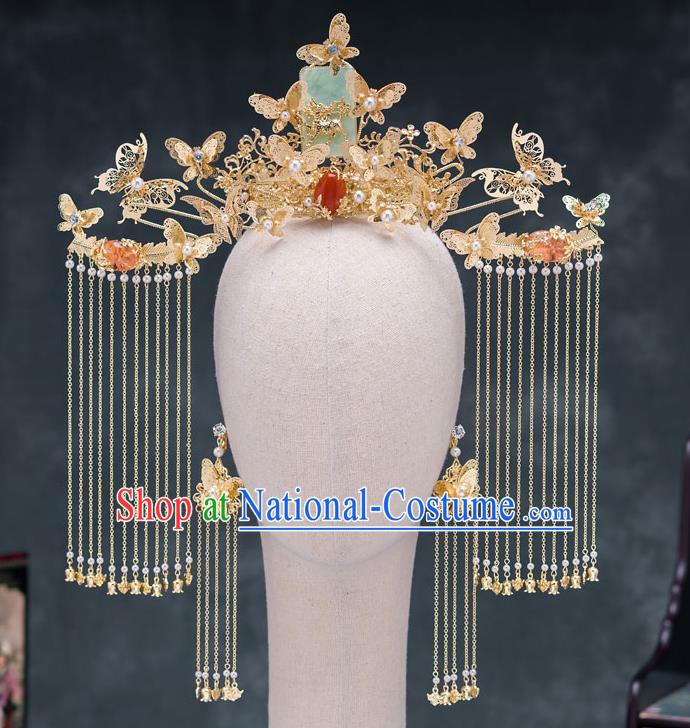 Traditional Chinese Ancient Bride Wedding Jade Phoenix Coronet Hair Accessories for Women