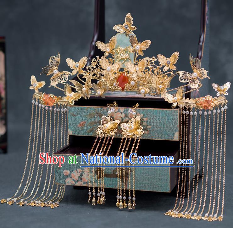 Traditional Chinese Ancient Bride Wedding Jade Phoenix Coronet Hair Accessories for Women