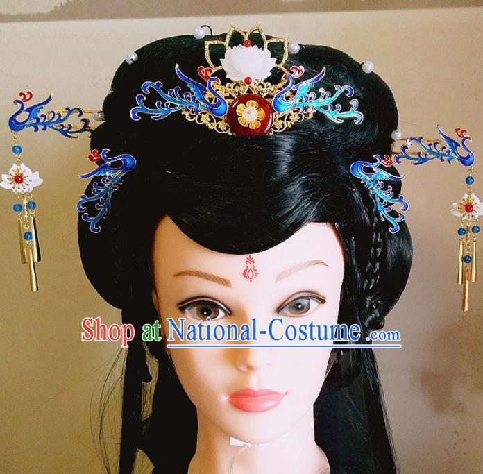 Chinese Ancient Queen Hair Accessories Traditional Hanfu Blueing Phoenix Coronet Hairpins for Women