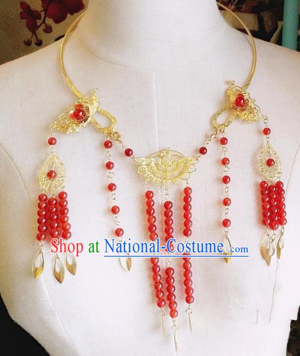 Chinese Ancient Bride Hanfu Accessories Traditional Palace Red Beads Tassel Necklace for Women