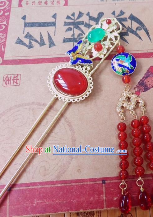 Chinese Ancient Queen Hair Accessories Traditional Hanfu Blueing Butterfly Agate Hairpins for Women