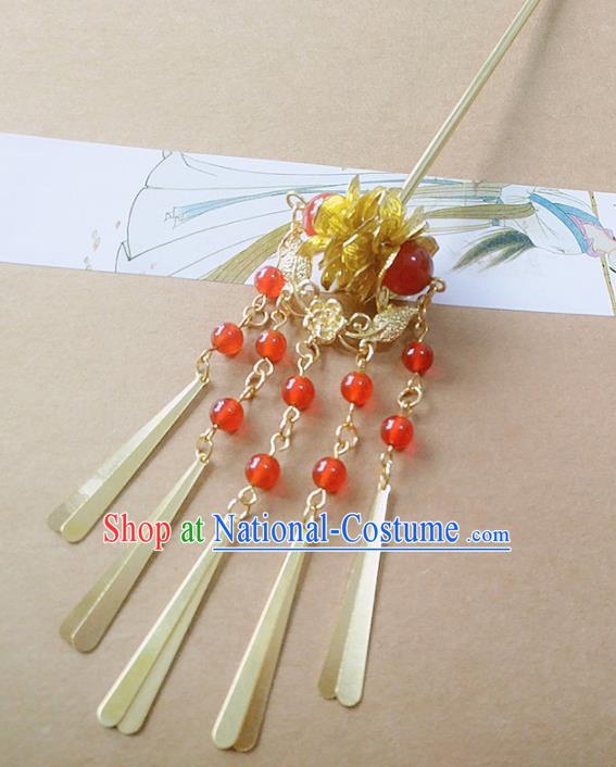 Chinese Ancient Hair Accessories Red Beads Tassel Hairpins Traditional Hanfu Palace Hair Clip for Women