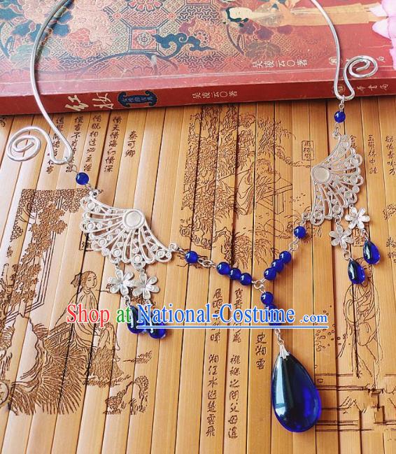 Chinese Ancient Bride Hanfu Accessories Traditional Palace Royalblue Crystal Necklace for Women