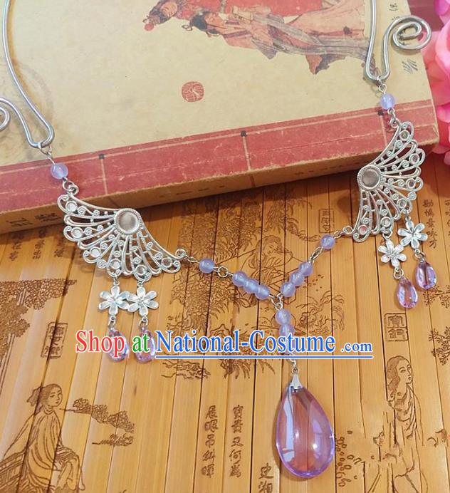 Chinese Ancient Bride Hanfu Accessories Traditional Palace Lilac Crystal Necklace for Women