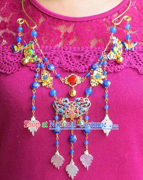 Chinese Ancient Bride Hanfu Accessories Traditional Palace Blueing Flowers Necklace for Women