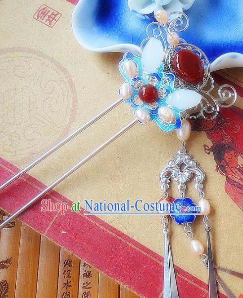 Chinese Ancient Wedding Hair Accessories Traditional Hanfu Blueing Pearls Hairpins for Women