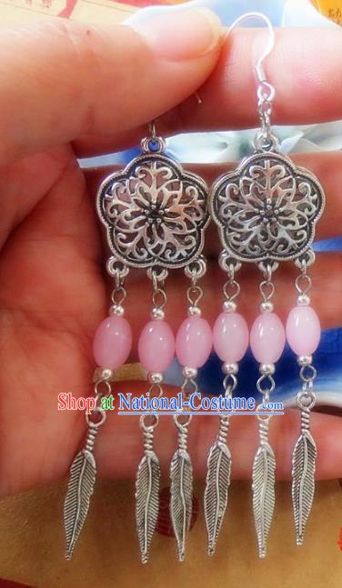 Chinese Ancient Princess Jewelry Accessories Traditional Ethnic Pink Beads Earrings for Women