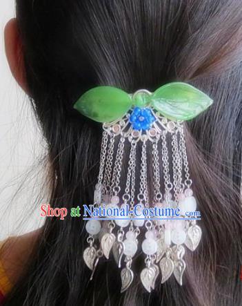 Chinese Ancient Princess Hair Accessories Traditional Hanfu Green Leaf Tassel Hair Comb Hairpins for Women