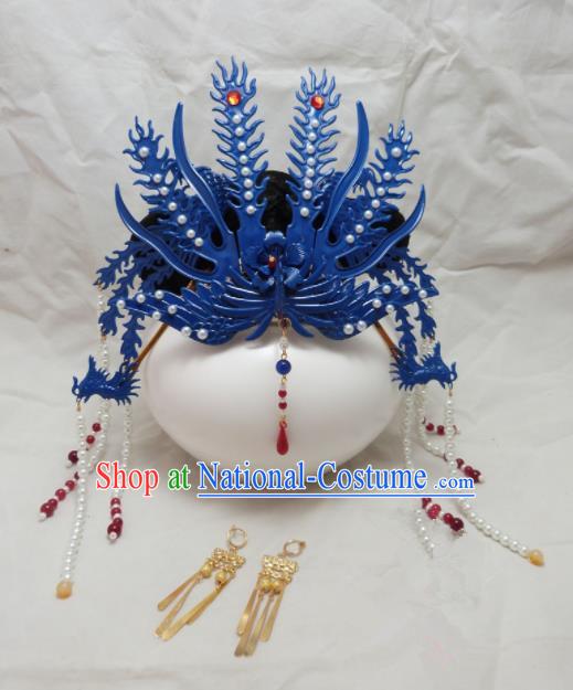 Chinese Ancient Hairpins Palace Queen Blue Phoenix Coronet Hair Accessories Traditional Hair Comb for Women