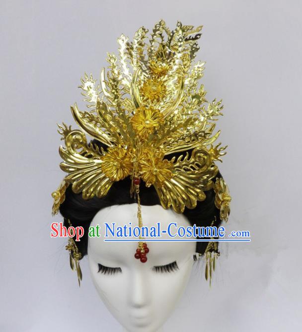 Chinese Ancient Queen Golden Phoenix Coronet Palace Hairpins Hair Accessories Traditional Hair Comb for Women