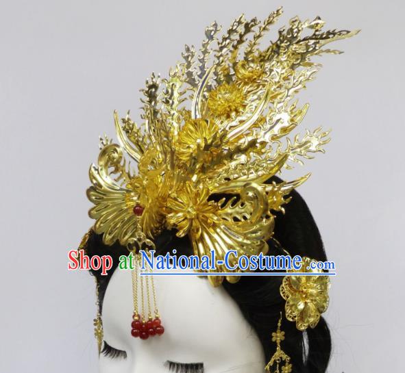 Chinese Ancient Queen Golden Phoenix Coronet Palace Hairpins Hair Accessories Traditional Hair Comb for Women