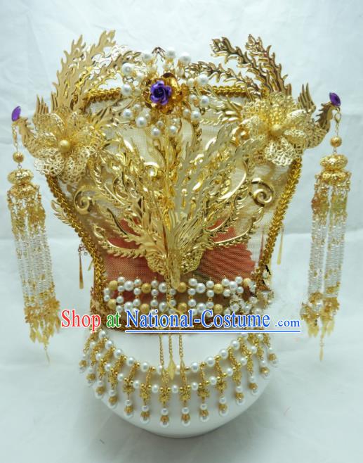 Chinese Ancient Hair Accessories Queen Golden Phoenix Coronet Traditional Palace Hairpins for Women