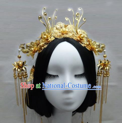 Chinese Ancient Queen Golden Phoenix Coronet Hair Accessories Traditional Palace Hairpins for Women