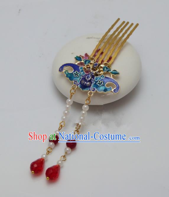 Chinese Ancient Qing Dynasty Queen Hair Accessories Traditional Palace Blueing Bat Hair Comb Hairpins for Women