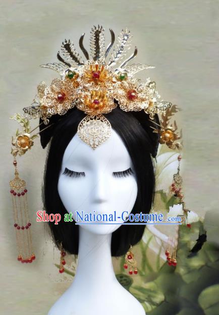 Chinese Traditional Palace Golden Hairpins Ancient Han Dynasty Queen Phoenix Coronet Hair Accessories for Women