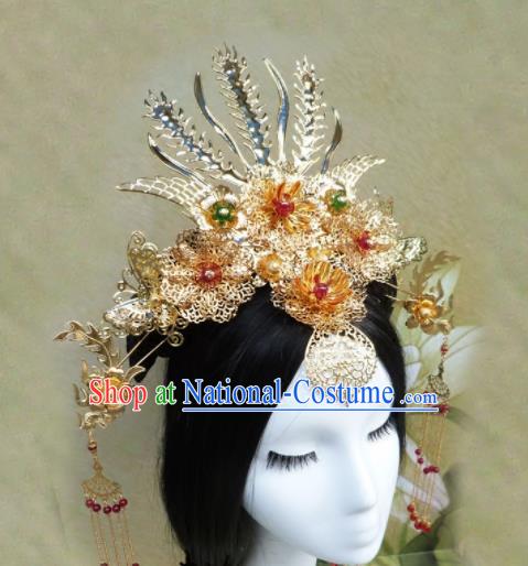 Chinese Traditional Palace Golden Hairpins Ancient Han Dynasty Queen Phoenix Coronet Hair Accessories for Women