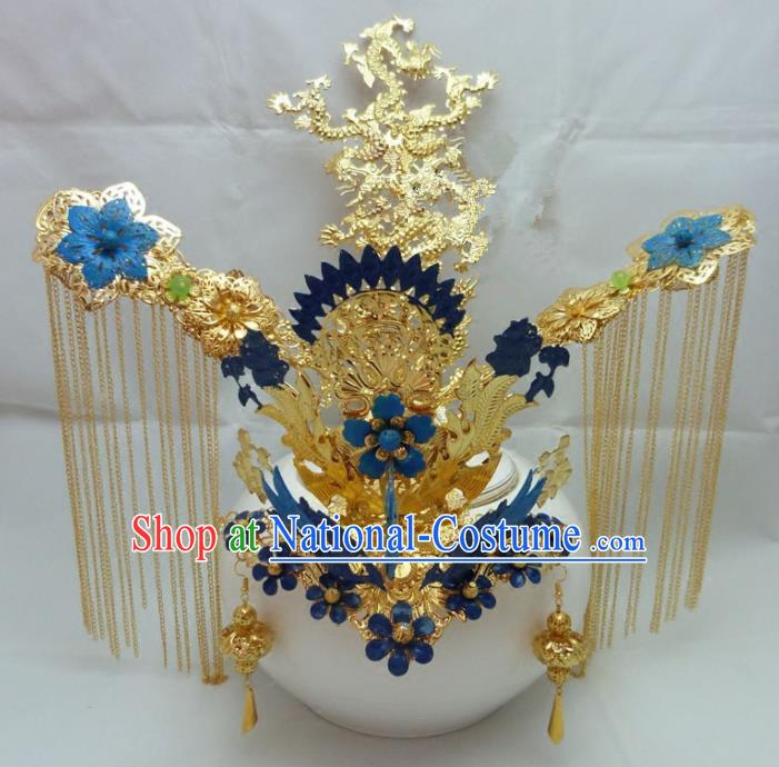 Chinese Traditional Palace Hairpins Ancient Han Dynasty Queen Blue Phoenix Coronet Hair Accessories for Women