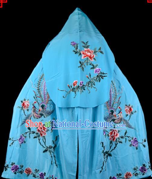 Professional Chinese Traditional Beijing Opera Swordswomen Costume Embroidered Blue Cloak for Adults