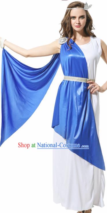 Traditional Greece Costume Ancient Greek Goddess Garment Garden of Eden Athena Blue Dress for Women