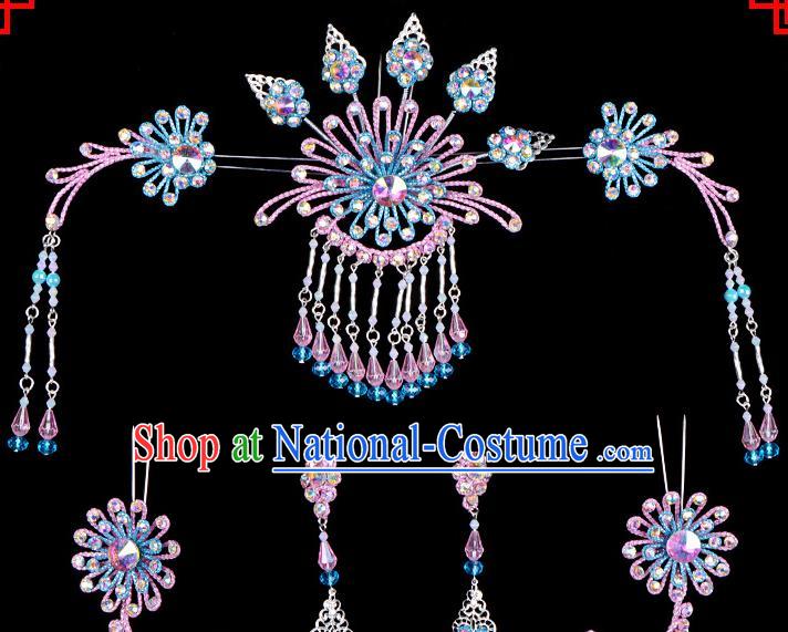 Professional Chinese Beijing Opera Hair Accessories Ancient Princess Blue Hairpins Headwear for Women