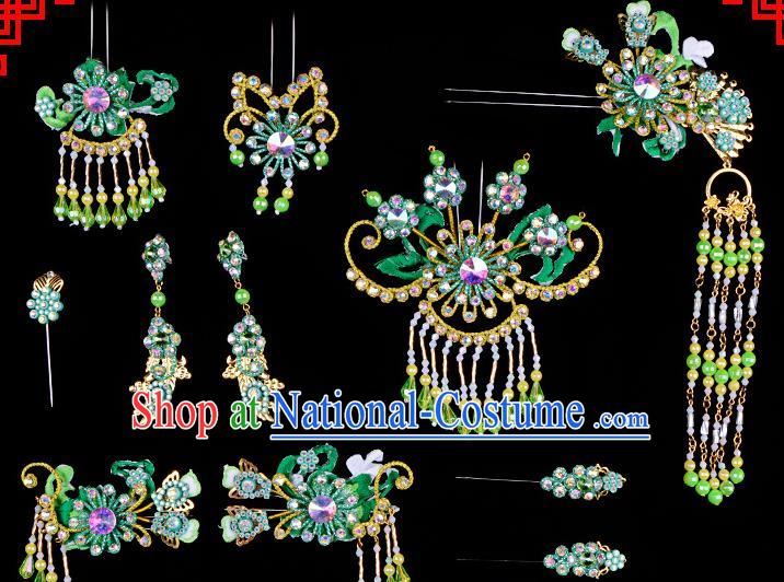 Chinese Beijing Opera Hair Accessories Ancient Princess Green Hairpins Headwear for Women