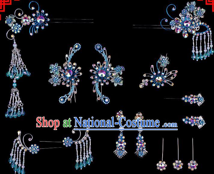 Chinese Beijing Opera Hair Accessories Ancient Princess Blue Hairpins Headwear for Women