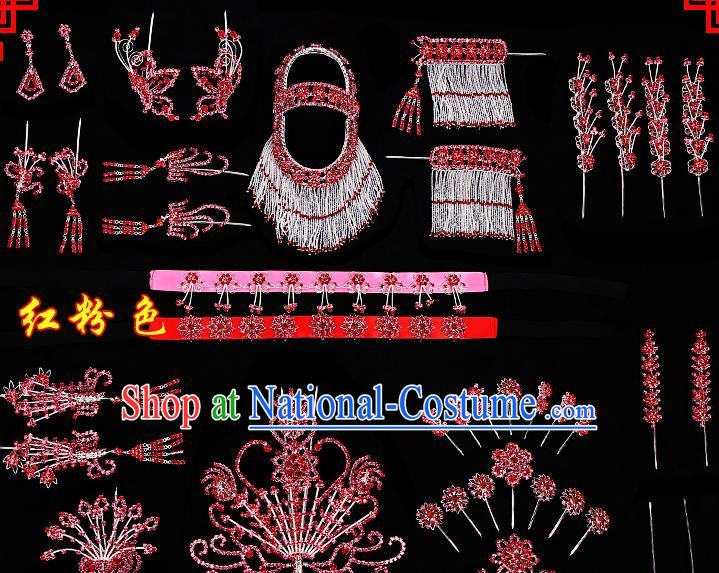 Chinese Beijing Opera Diva Hair Accessories Ancient Princess Red Hairpins Complete Set for Women