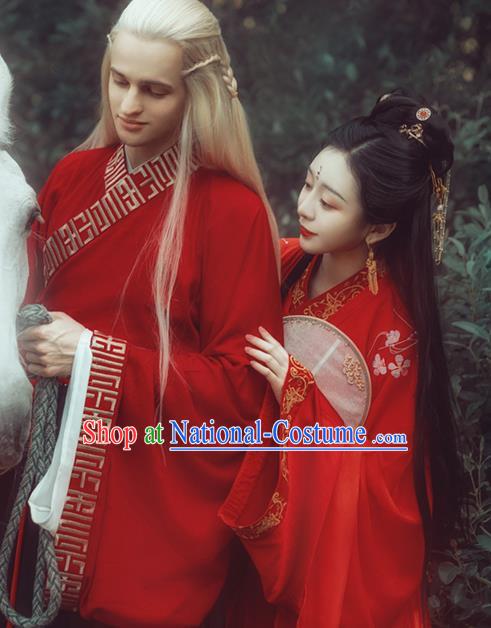 Chinese Traditional Jin Dynasty Wedding Replica Costume Ancient Bride and Bridegroom Embroidered Dress