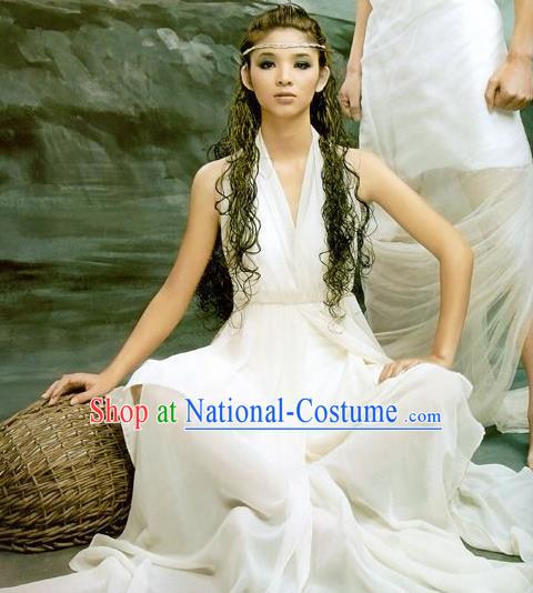 Traditional Greek Peplos Stage Performance Costume Ancient Greek Goddess White Dress for Women