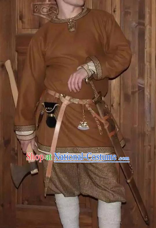 Traditional Roman Male Costume Ancient Rome Warrior Brown Tunics Clothing for Men