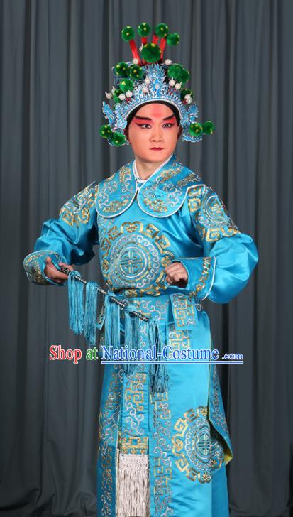 Professional Chinese Beijing Opera Takefu Costume Ancient Swordsman Blue Clothing for Adults