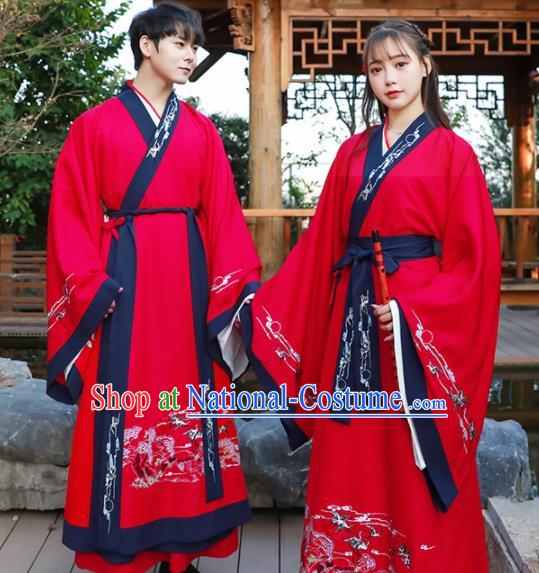 Chinese Ancient Swordsman Red Hanfu Dress Traditional Han Dynasty Knight Replica Costume for Women for Men