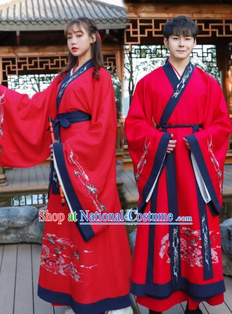 Chinese Ancient Swordsman Red Hanfu Dress Traditional Han Dynasty Knight Replica Costume for Women for Men