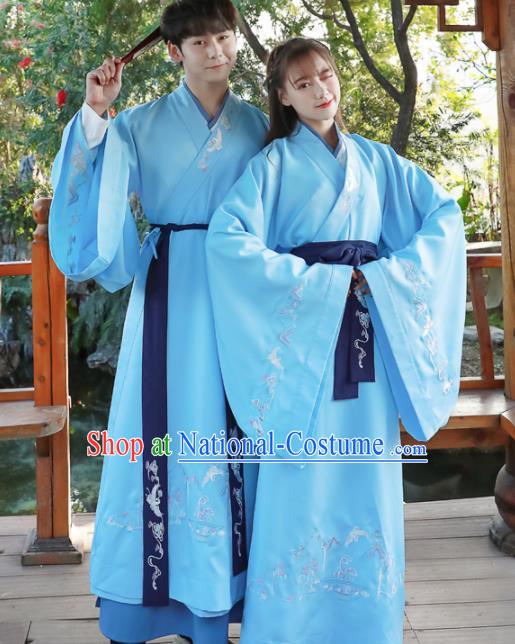 Chinese Ancient Swordsman Blue Hanfu Dress Traditional Han Dynasty Scholar Replica Costume for Women for Men