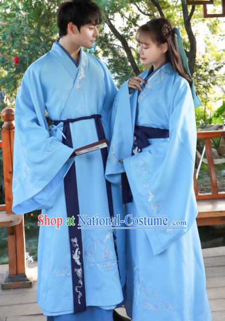 Chinese Ancient Swordsman Blue Hanfu Dress Traditional Han Dynasty Scholar Replica Costume for Women for Men