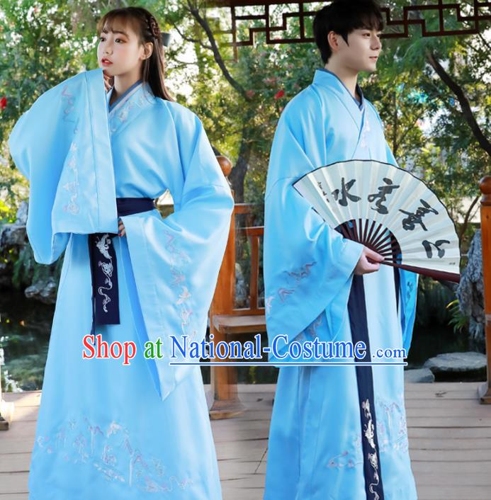 Chinese Ancient Swordsman Blue Hanfu Dress Traditional Han Dynasty Scholar Replica Costume for Women for Men