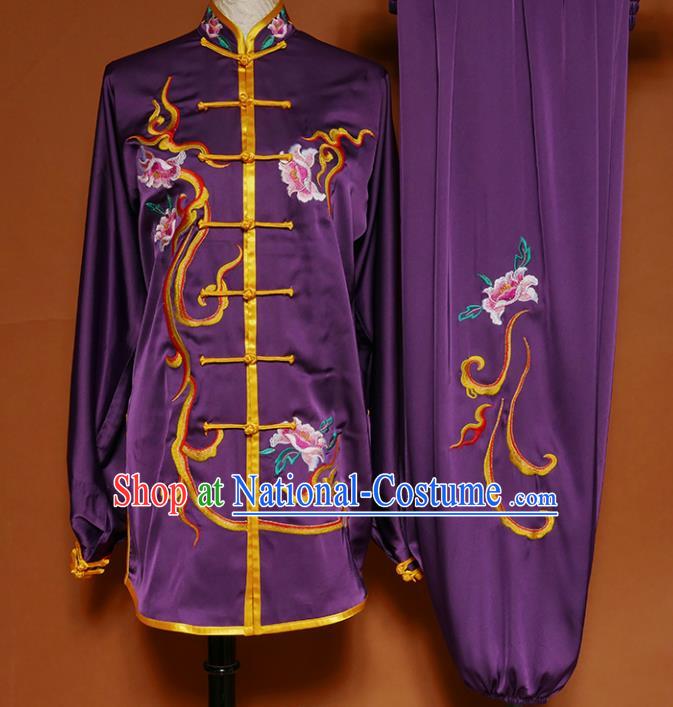 Top Group Kung Fu Costume Martial Arts Gongfu Training Uniform Embroidered Purple Tai Ji Clothing for Women