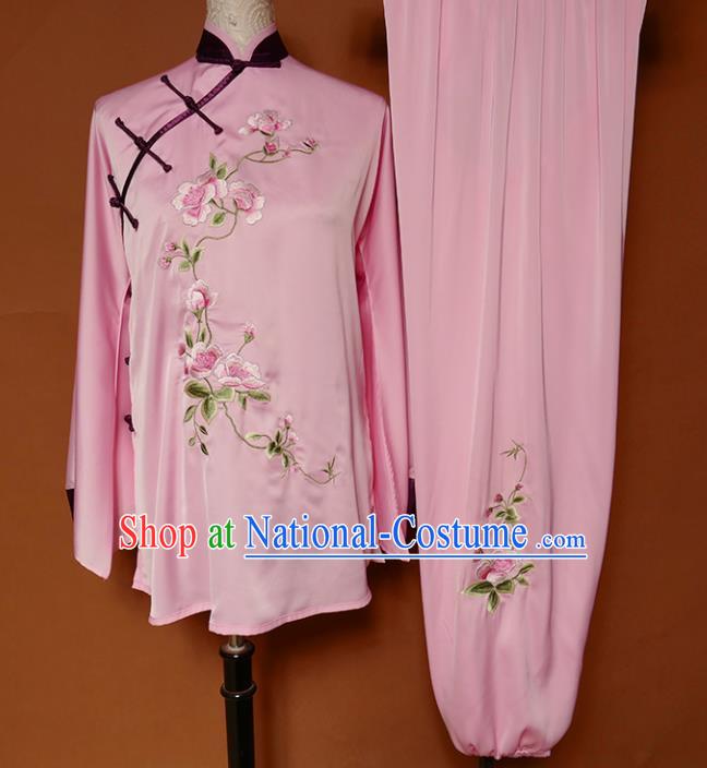 Top Group Kung Fu Costume Martial Arts Training Uniform Tai Ji Embroidered Pink Clothing for Women