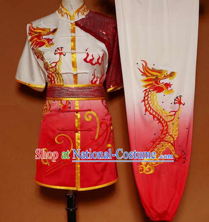 Top Group Kung Fu Costume Martial Arts Gongfu Training Uniform Embroidered Dragon Tai Ji Red Clothing for Women