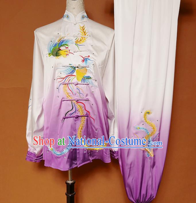 Top Group Kung Fu Costume Tai Ji Training Embroidered Phoenix Purple Uniform Clothing for Women