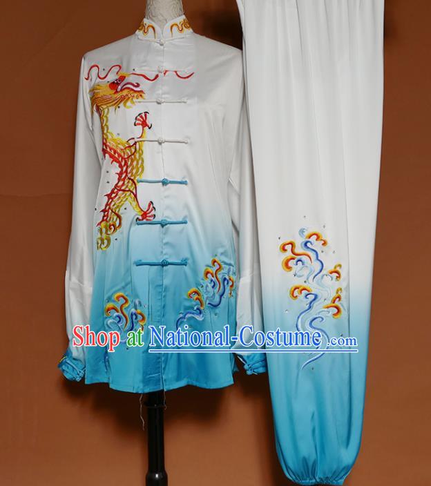 Top Grade Kung Fu Costume Martial Arts Training Tai Ji Embroidered Dragon Blue Uniform for Adults