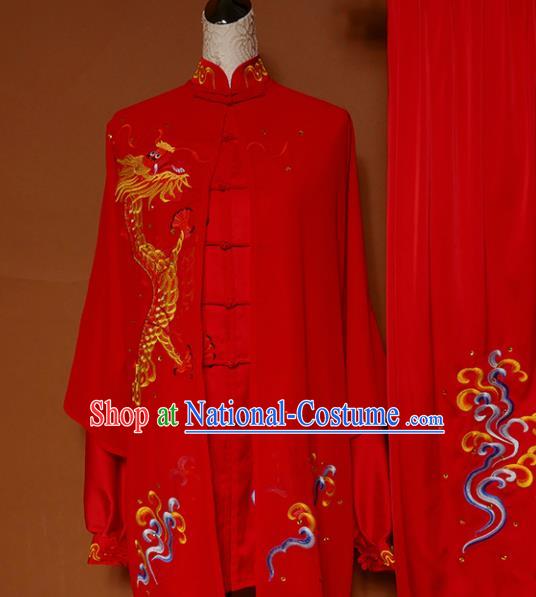 Top Grade Kung Fu Costume Martial Arts Training Tai Ji Embroidered Dragon Red Uniform for Adults