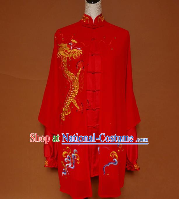 Top Grade Kung Fu Costume Martial Arts Training Tai Ji Embroidered Dragon Red Uniform for Adults