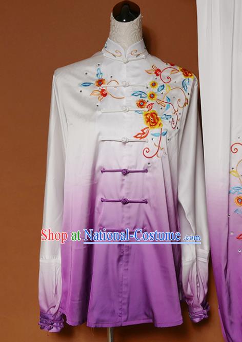 Top Group Kung Fu Costume Tai Ji Training Embroidered Flowers Purple Uniform Clothing for Women